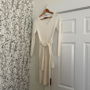 Cream Ribbed Knit Wrap Dress (ZESICA)
